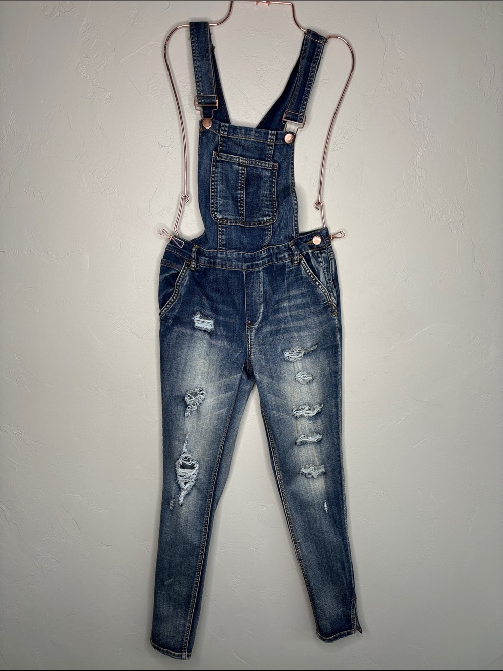 Dollhouse Distressed Dark Wash Denim Overalls - Blue